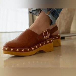 Kelsi Dagger Brown Leather Studded Clog Slingback